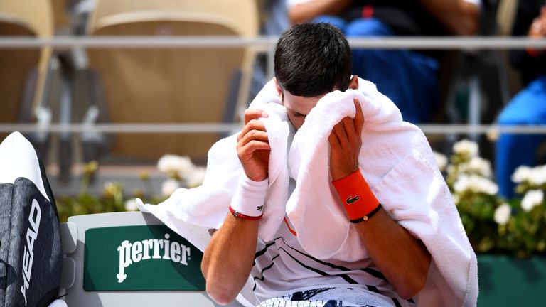 Novak Djokovic of Serbia reacts during his mens singles semi-final match against Dominic Thiem of Austria during Day fourteen of the 2019 French Open at Roland Garros on June 08, 2019 in Paris, France