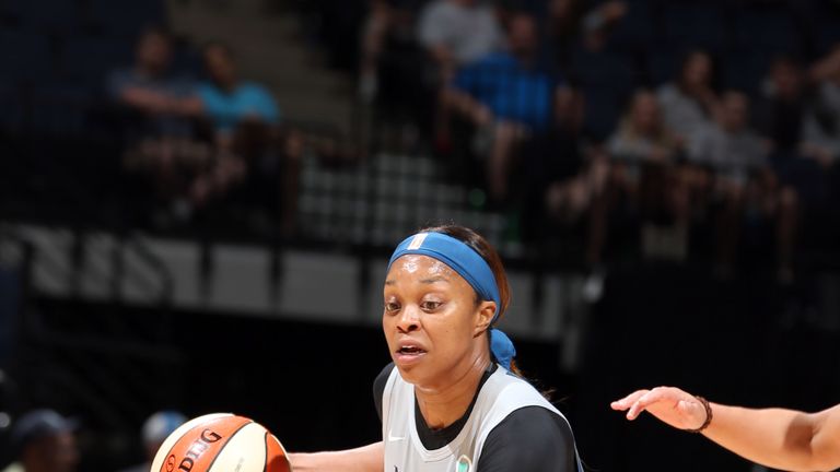 Odyssey Sims #1 of the Minnesota Lynx handles the ball during the game against the Phoenix Mercury on June 6, 2019 at Target Center in Minneapolis, Minnesota.