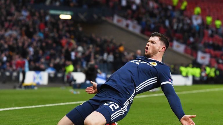 Scotland's Oliver Burke celebrates his late goal