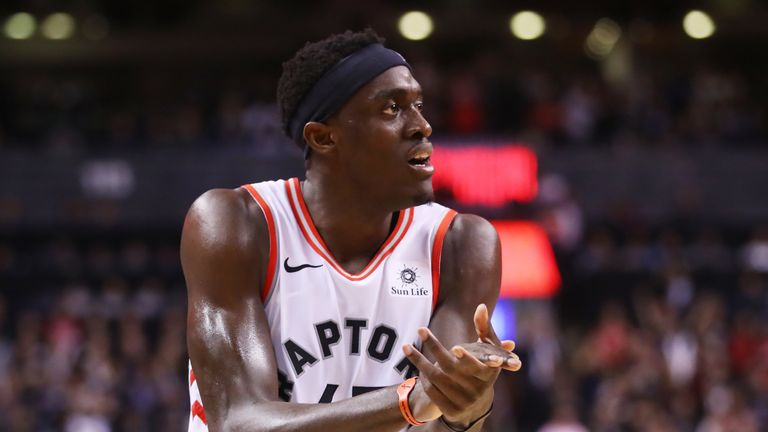 Pascal Siakam #43 of the Toronto Raptors celebrates his teams lead against the Golden State Warriors in the fourth quarter during Game One of the 2019 NBA Finals at Scotiabank Arena on May 30, 2019 in Toronto, Canada