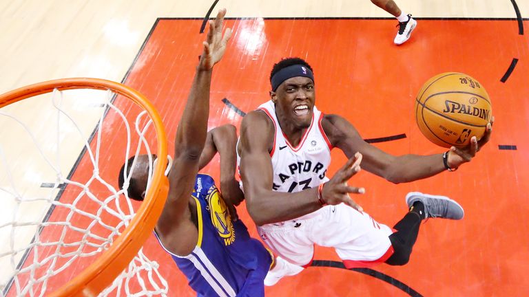 Pascal Siakam #43 of the Toronto Raptors attempts a lay up against the Golden State Warriors in the first half during Game One of the 2019 NBA Finals at Scotiabank Arena on May 30, 2019 in Toronto, Canada.
