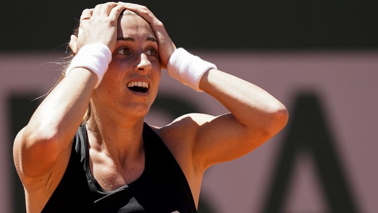 Croatia's Petra Martic celebrates after winning against Estonia's Kaia Kanepi during their women's singles fourth round match on day eight of The Roland Garros 2019 French Open tennis tournament in Paris on June 2, 2019