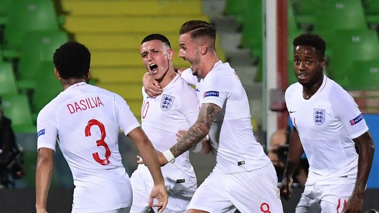 Phil Foden is congratulated by James Maddison after scoring for England U21s against France