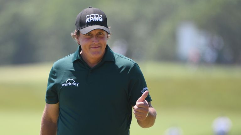 Phil Mickelson smiles after his controversial putt on the 13th on the final day in 2018