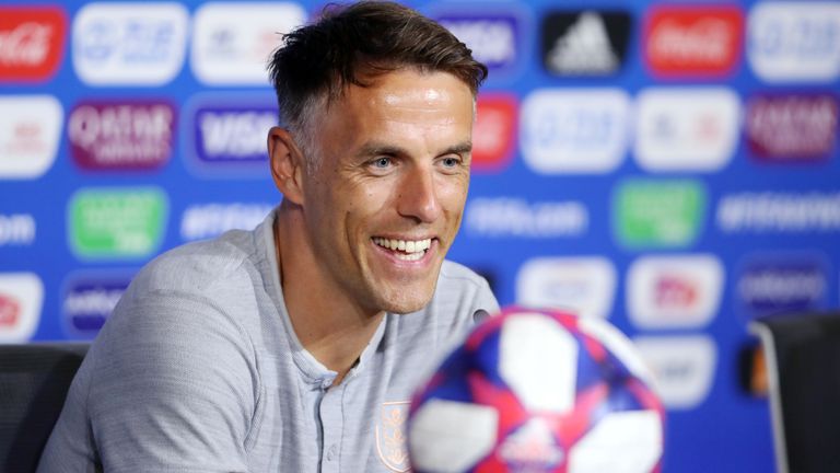 England Women's boss Phil Neville was all smiles during his World Cup semi-final pre-match press conference.