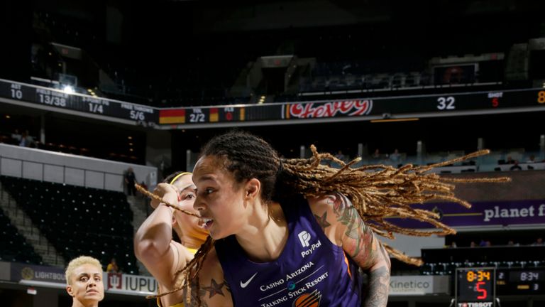 Brittney Griner #42 of Phoenix Mercury handles the ball against the Indiana Fever on June 9, 2019 at the Bankers Life Fieldhouse in Indianapolis, Indiana.