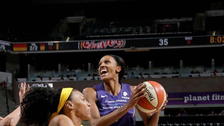 DeWanna Bonner #24 of Phoenix Mercury handles the ball against the Indiana Fever on June 9, 2019 at the Bankers Life Fieldhouse in Indianapolis, Indiana.