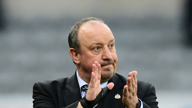Rafael Benitez acknowledges supporters following a Premier League match between Newcastle and Huddersfield Town in February 2019