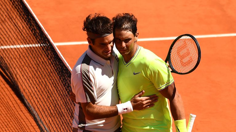 Rafael Nadal of Spain celebrates victory during his mens singles semi-final match against Roger Federer of Switzerland during Day thirteen of the 2019 French Open at Roland Garros on June 07, 2019 in Paris, France.