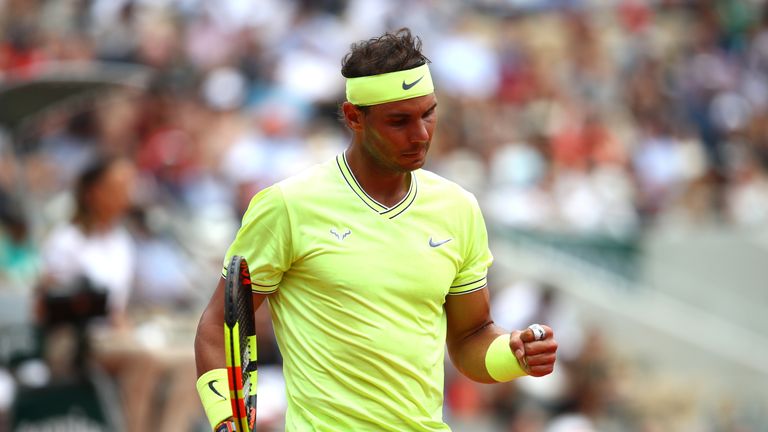 Rafael Nadal of Spain celebrates during his mens singles quarter-final match against Kei Nishikori of Japan during Day ten of the 2019 French Open at Roland Garros on June 04, 2019 in Paris, France