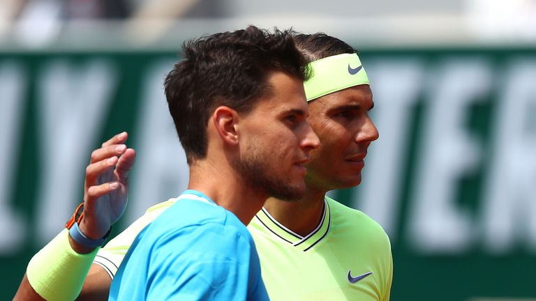 Rafael Nadal of Spain and Dominic Thiem of Austria pose for a photo ahead of their mens singles final during Day fifteen of the 2019 French Open at Roland Garros on June 09, 2019 in Paris, France. 