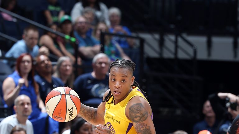  Riquna Williams #2 of the Los Angeles Sparks handles the ball during the game against the Minnesota Lynx on June 8, 2019 at Target Center in Minneapolis, Minnesota.