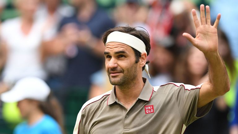 Switzerland&#39;s Roger Federer celebrates after winning against France&#39;s Jo-Wilfried Tsonga during their tennis match at the ATP Open tennis tournament in Halle, western Germany, on June 20, 2019.