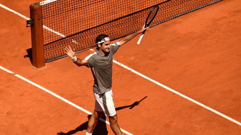 Roger Federer of Switzerland celebrates victory during his mens singles fourth round match against Leonardo Mayer of Argentina during Day eight of the 2019 French Open at Roland Garros on June 02, 2019 in Paris, France