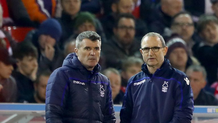 Roy Keane and Martin O'Neill of Nottingham Forest look on during the Sky Bet Championship match between Nottingham Forest and Derby County at City Ground on February 25, 2019 in Nottingham, England.