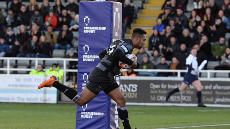 Zach Kibirige of Newcastle Falcons runs in to score a try during the Premiership Rugby Cup match between Newcastle Falcons and Exeter Chiefs at Kingston Park on October 28, 2018