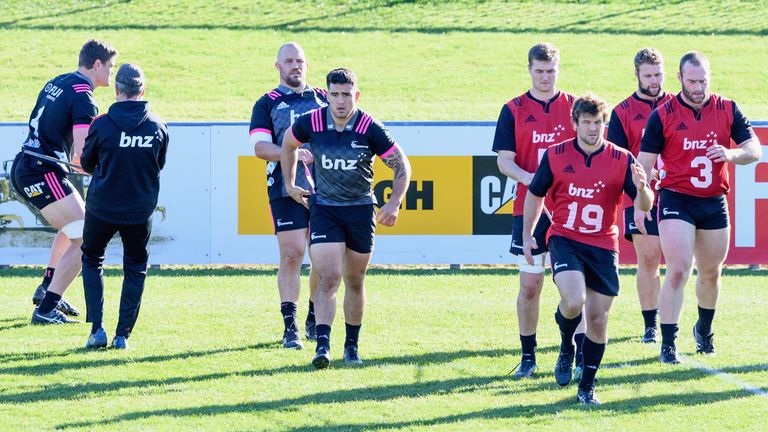Crusaders forwards Owen Franks and Codie Taylor (front)