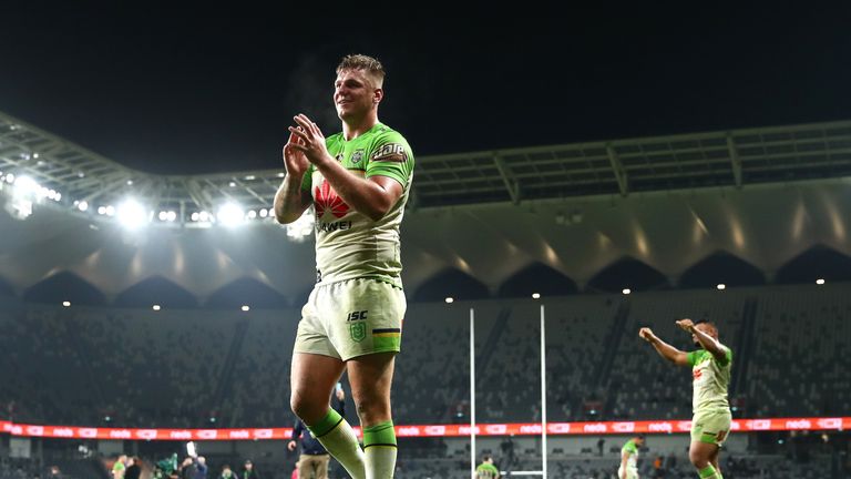 SYDNEY, AUSTRALIA - JUNE 07: Ryan Sutton of the Raiders thanks fans after winning the round 13 NRL match between the Wests Tigers and the Canberra Raiders at Bankwest Stadium on June 07, 2019 in Sydney, Australia. (Photo by Cameron Spencer/Getty Images)