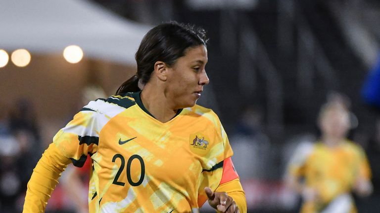 COMMERCE CITY, CO - APRIL 4: Sam Kerr #20 of Australia runs down the field while playing the United States at Dick's Sporting Goods Park on April 4, 2019 in Commerce City, Colorado. (Photo by Michael Ciaglo/Getty Images) *** Local Caption *** Sam Kerr