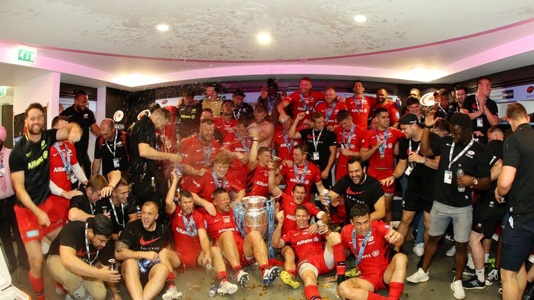 Saracens celebrate in their dressing room after winning the 2019 Premiership final