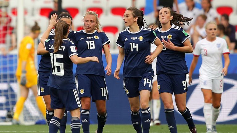 Scotland celebrate after Claire Emslie's goal against England