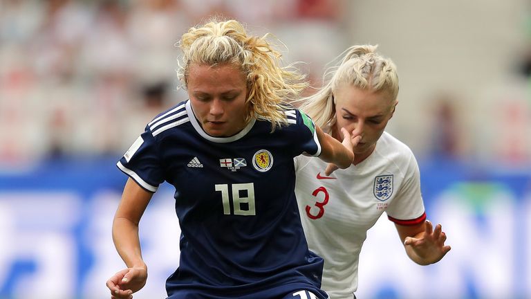 Claire Emslie and Alex Greenwood battle in the Women's World Cup match