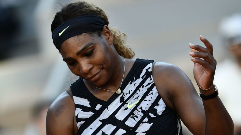 Serena Williams of the US reacts during her women's singles third round match against Sofia Kenin of the US, on day seven of The Roland Garros 2019 French Open tennis tournament in Paris on June 1, 2019.