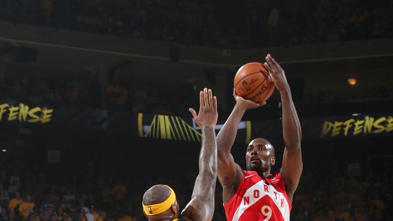 Serge Ibaka #9 of the Toronto Raptors shoots the ball against the Golden State Warriors during Game Four of the NBA Finals on June 7, 2019 at ORACLE Arena in Oakland, California. 