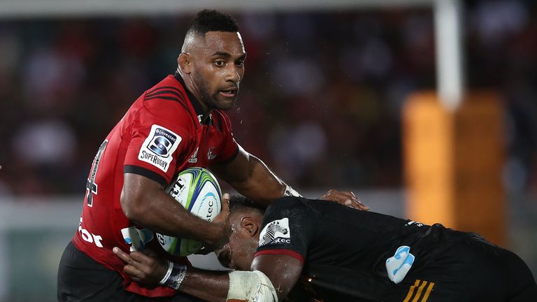 SUVA, FIJI - JUNE 01: Sevu Recce of the Crusaders is tackled during the round 16 Super Rugby match between the Chiefs and the Crusaders at the ANZ National Stadium on June 01, 2019 in Suva, Fiji. (Photo by Phil Walter/Getty Images)