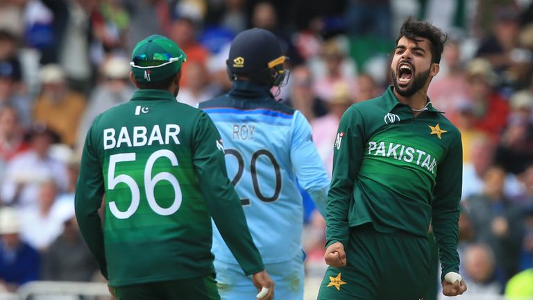 Pakistan's Shadab Khan celebrates the wicket of England's Jason Roy
