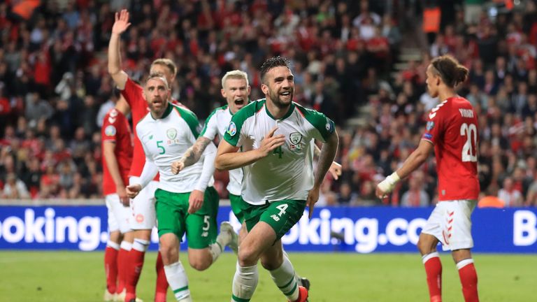 Shane Duffy wheels away after his equaliser at Parken Stadium