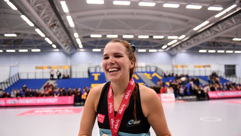 Sigi Burger of Surrey Storm celebrates being awarded Player of the Match against Team Bath