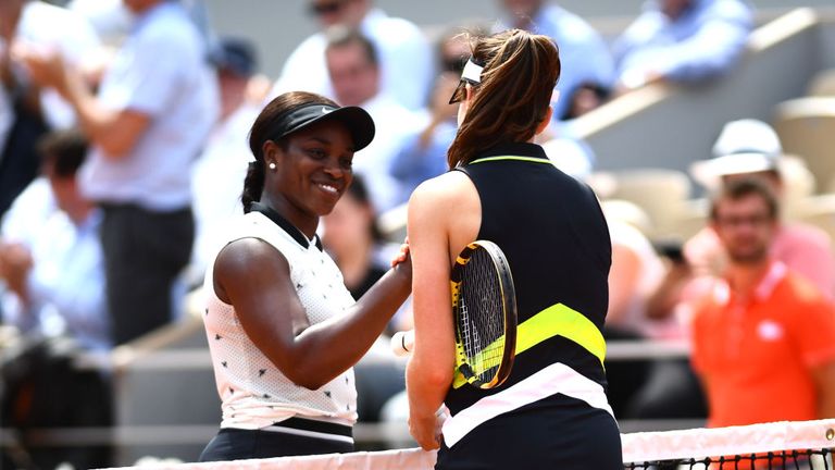 Sloane Stephens of The United States shakes hands with Johanna Konta of Great Britain following her defeat in the ladies singles quarter-final during Day ten of the 2019 French Open at Roland Garros on June 04, 2019 in Paris, France. 