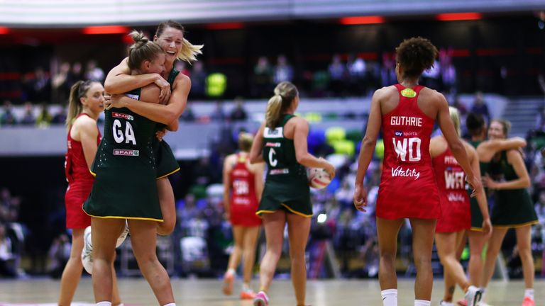 South Africa celebrate their Quad Series victory over England's Vitality Roses in January