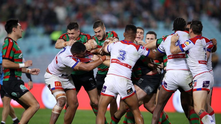 SYDNEY, AUSTRALIA - JUNE 07: Rabbitohs and Knights players melee during the round 13 NRL match between the South Sydney Rabbitohs and the Newcastle Knights at ANZ Stadium on June 07, 2019 in Sydney, Australia. (Photo by Mark Kolbe/Getty Images)