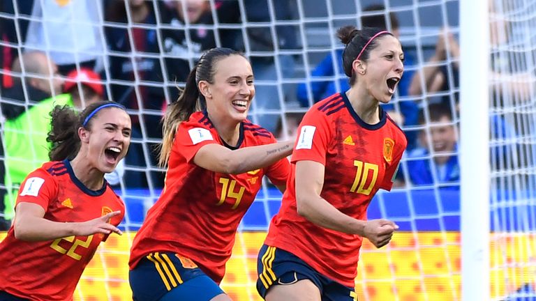 Jennifer Hermoso (right) celebrates after scoring for Spain