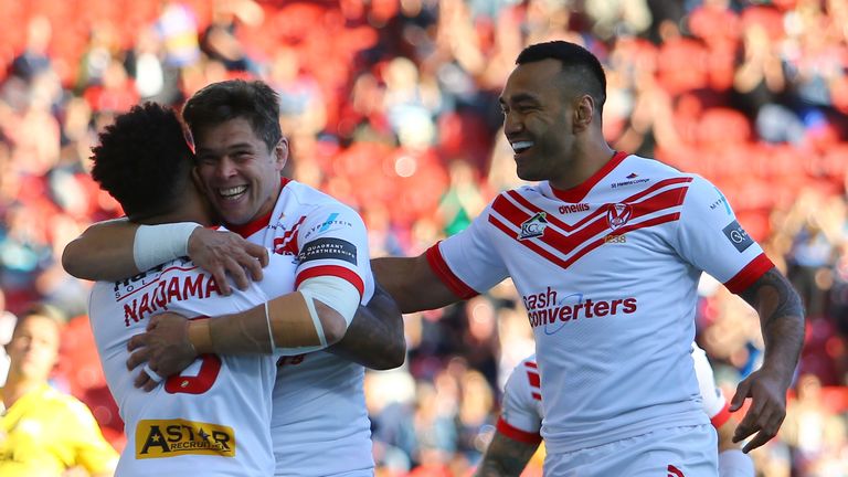  St Helens celebrate Kevin Naiqama's early opening try on Friday night