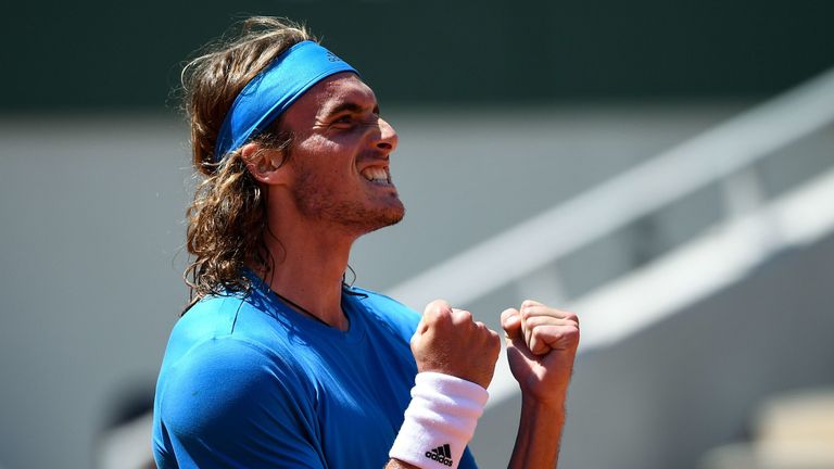 Greece's Stefanos Tsitsipas celebrates after winning against Serbia's Filip Krajinovic at the end of their men's singles third round match on day seven of The Roland Garros 2019 French Open tennis tournament in Paris on June 1, 2019.