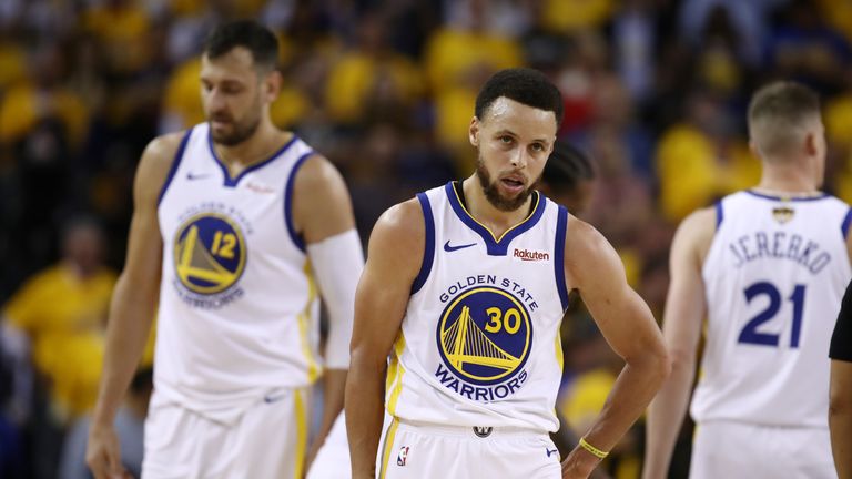 Stephen Curry of the Golden State Warriors reacts late in the game against the Toronto Raptors during Game 3 of the 2019 NBA Finals