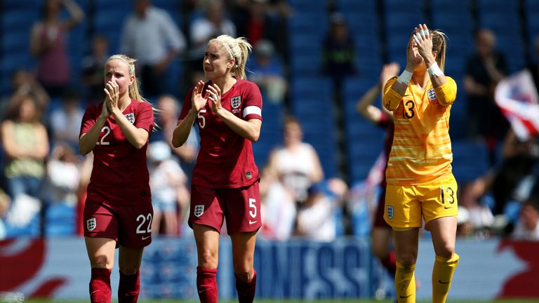 BRIGHTON, ENGLAND - JUNE 01: Steph Houghton of England Women (centre) applauds the crowd after the International Friendly between England Women and New Zealand Women at Amex Stadium on June 01, 2019 in Brighton, England. (Photo by Steve Bardens/Getty Images)