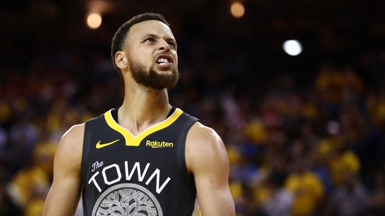  Stephen Curry #30 of the Golden State Warriors reacts late in the game against the Toronto Raptors in the second half during Game Four of the 2019 NBA Finals at ORACLE Arena on June 07, 2019 in Oakland, California. 