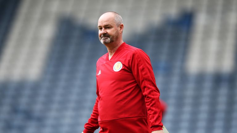 Scotland manager Steve Clarke is seen during a training session ahead of Scotland's European Qualifier against Cyprus at Hampden Park on June 07, 2019 in Glasgow, Scotland. 