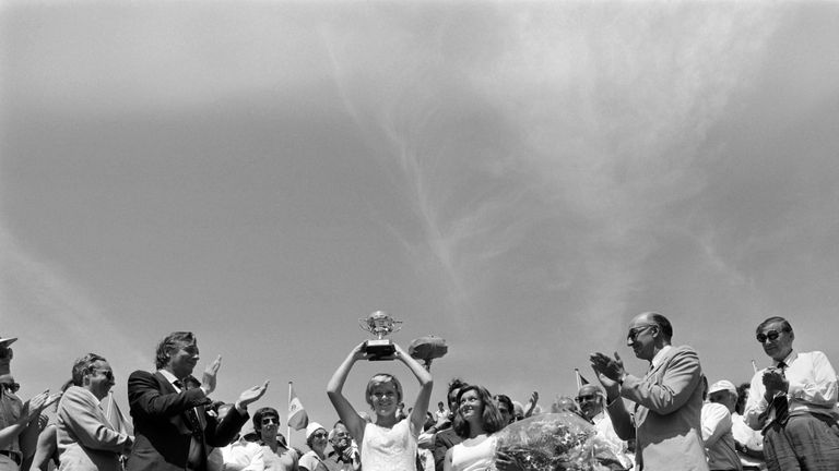 British Sue Barker holds up her trophy after defeating Czech Renata Tomanova at Roland Garros stadium during the French tennis Open, on June 13, 1976. It was Barker's 1st (and only) career Grand Slam title.