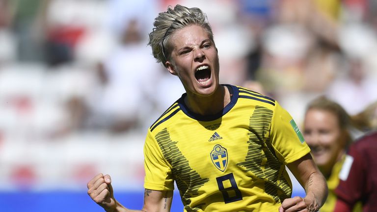 Lina Hurtig celebrates her goal for Sweden Woman 
