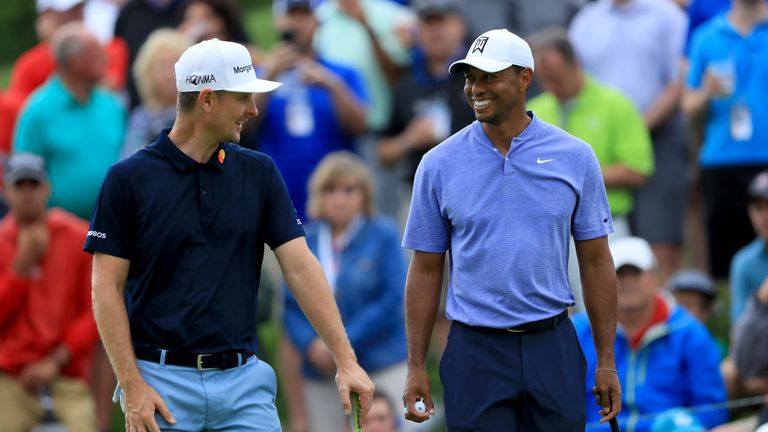 DUBLIN, OHIO - MAY 30: Tiger Woods talks with Justin Rose of England on the 18th hole during the first round of The Memorial Tournament Presented by Nationwide at Muirfield Village Golf Club on May 30, 2019 in Dublin, Ohio. (Photo by Sam Greenwood/Getty Images)