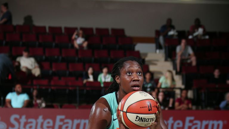 Tina Charles #31 of the New York Liberty shoots a free throw during the game against the Las Vegas Aces on June 9, 2019 at the Westchester County Center, in White Plains, New York.