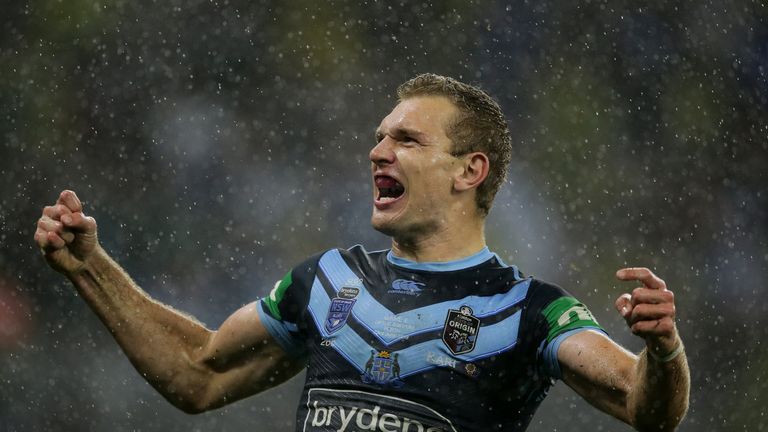 Tom Trbojevic celebrates a try during game two of the 2019 State of Origin series between New South Wales Blues and Queensland Maroons