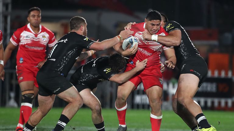 AUCKLAND, NEW ZEALAND - JUNE 22: Jason Taumalolo of Mate Ma’a Tonga (C) is tackled during the Oceania league test between the Kiwis and Mate Ma'a Tonga at Mt Smart Stadium on June 22, 2019 in Auckland, New Zealand. (Photo by Fiona Goodall/Getty Images)