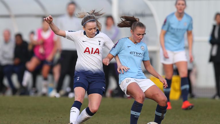 CHESHUNT, ENGLAND - FEBRUARY 17: Josie Green of Tottenham Hotspur and Georgia Stanway of Manchester City during the SSE Women's FA Cup match between Tottenham Hotspur Ladies and Manchester City Women at Cheshunt Football Ground on February 17, 2019 in Cheshunt, England. (Photo by Alex Morton/Getty Images)