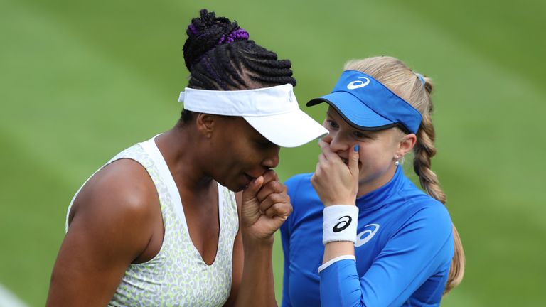 Doubles teammates Venus Williams of the USA and Harriet Dart of Great Britain during day one of the Nature Valley Classic at Edgbaston Priory Club on June 17, 2019 in Birmingham, United Kingdom.
